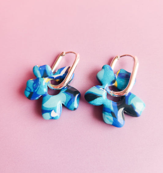 Funky Blue Big Flowers - Dangle Earrings